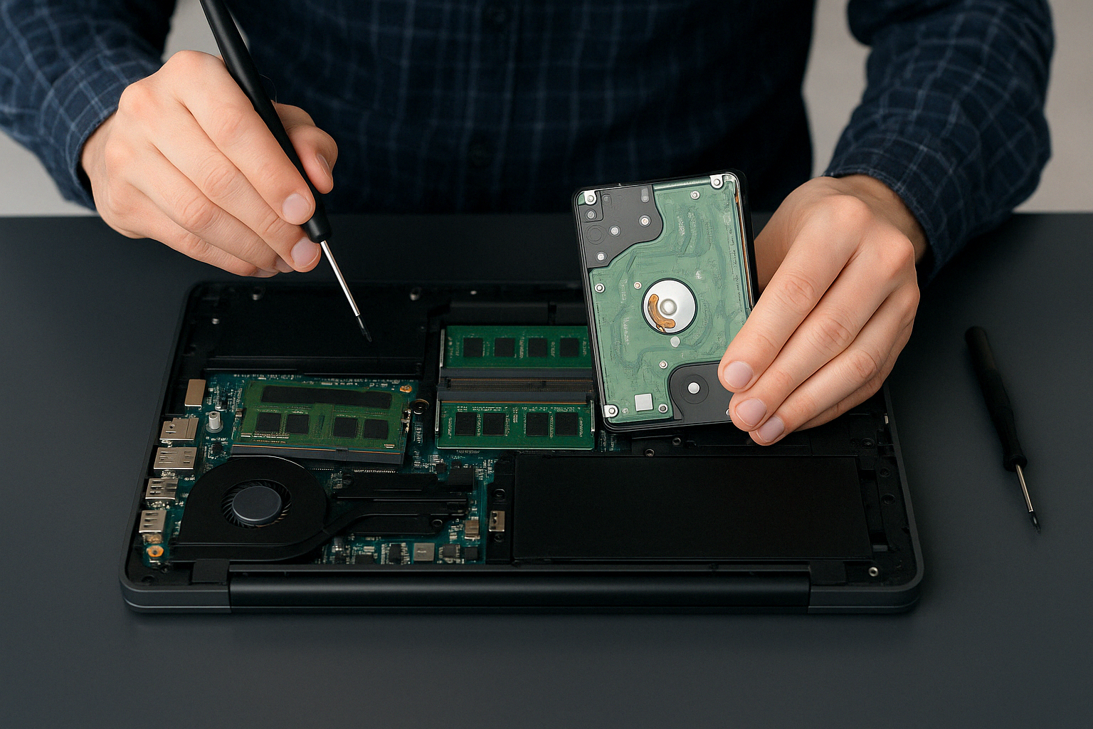 Chatgpt image apr 18 2025 032305 pm  klang valley electrofix Technician performing hardware upgrades  battery replacement on a laptop